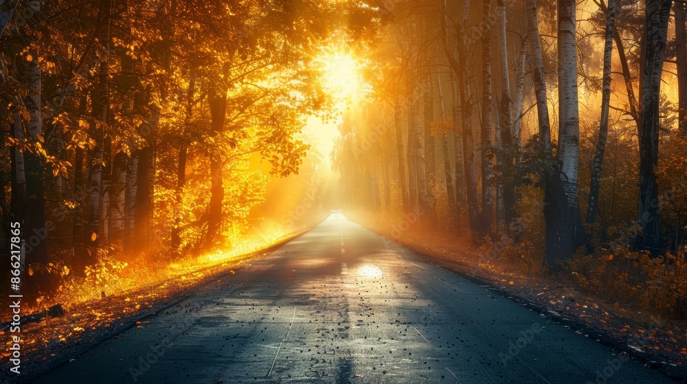 A solitary road flanked by trees, bathed in the golden glow of a setting sun A solitary road flanked by trees, bathed in the golden glow of a setting sun