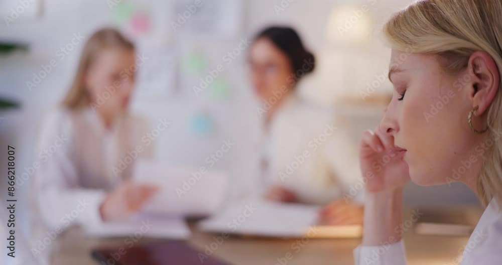 Tired Pensive Woman Supports Head During Business Meeting Tired Pensive Woman Supports Head During Business Meeting
