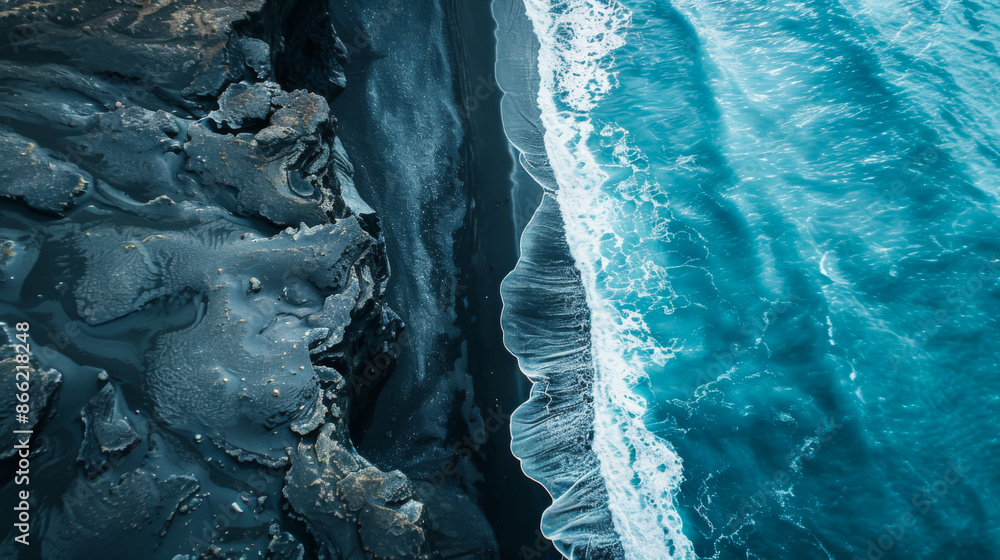 Top view of a natural phenomenon, the connection of a volcanic black beach with a blue lush sea. The black island comes into contact with the gigantic ocean. Nature concept. Top view of a natural phenomenon, the connection of a volcanic black beach with a blue lush sea. The black island comes into contact with the gigantic ocean. Nature concept.