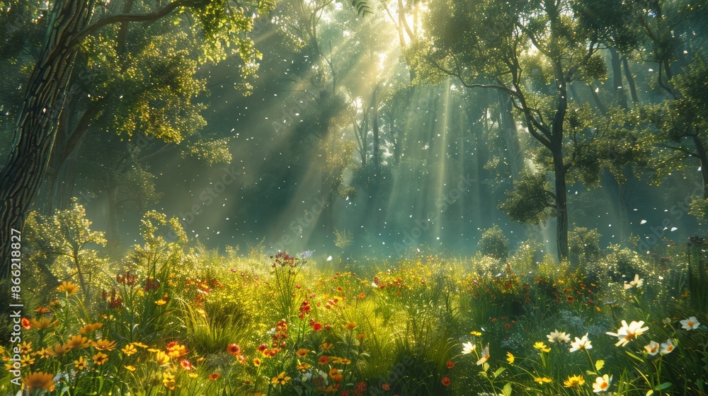 A tranquil forest scene with rays of sunlight piercing through the tall trees, highlighting a patch of wildflowers. A tranquil forest scene with rays of sunlight piercing through the tall trees, highlighting a patch of wildflowers.
