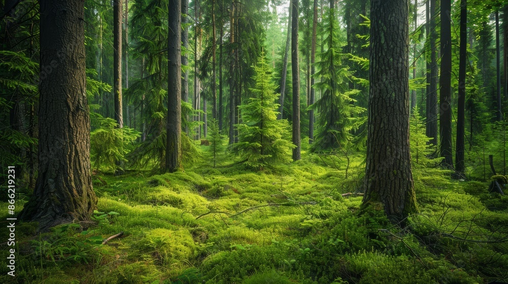 A vibrant green forest with a variety of old spruce, fir, and pine trees, and a peaceful, serene atmosphere A vibrant green forest with a variety of old spruce, fir, and pine trees, and a peaceful, serene atmosphere