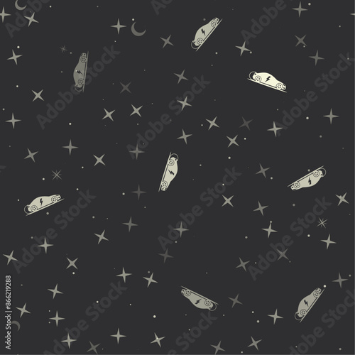 Seamless pattern with stars, electric car symbols on black background. Night sky. Vector illustration on black background