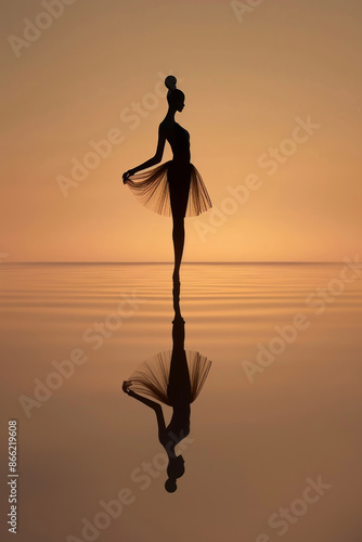 Silhouette of a ballerina dancing on the water at sunset