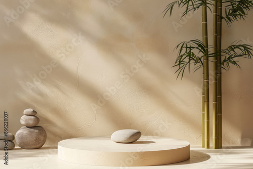 Designer interior spa composition for relaxation. Sand tones, stone, natural materials