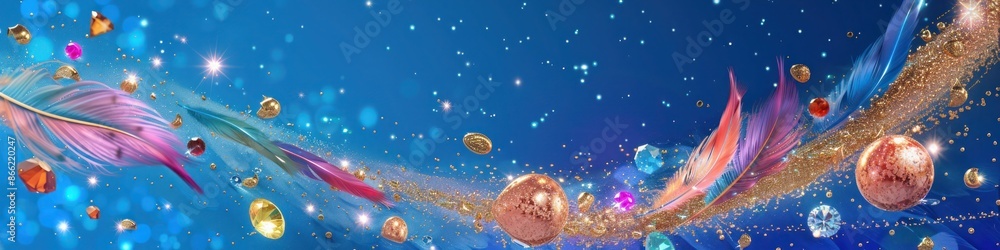 A conceptual artwork where rose gold particles swirl around colorful gemstones and shiny feathers on a sapphire blue gradient, with stars twinkling subtly A conceptual artwork where rose gold particles swirl around colorful gemstones and shiny feathers on a sapphire blue gradient, with stars twinkling subtly