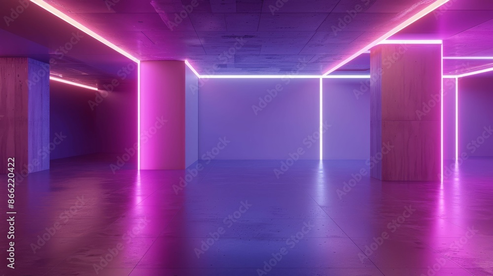 Neon light illuminates an empty concrete space with wooden pillars. Neon light illuminates an empty concrete space with wooden pillars.