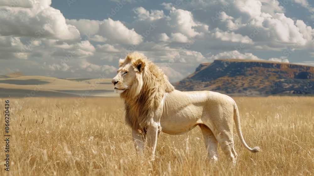 A white lion standing in the african savanna. A white lion standing in the african savanna.
