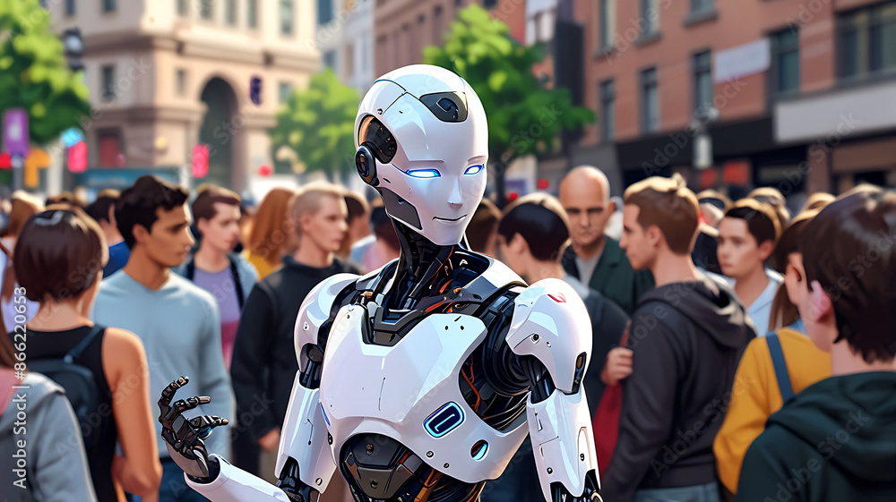 Fototapeta premium Futuristic humanoid robot interacting with a diverse group of people in a bustling city square, showcasing advanced technology integration in daily life