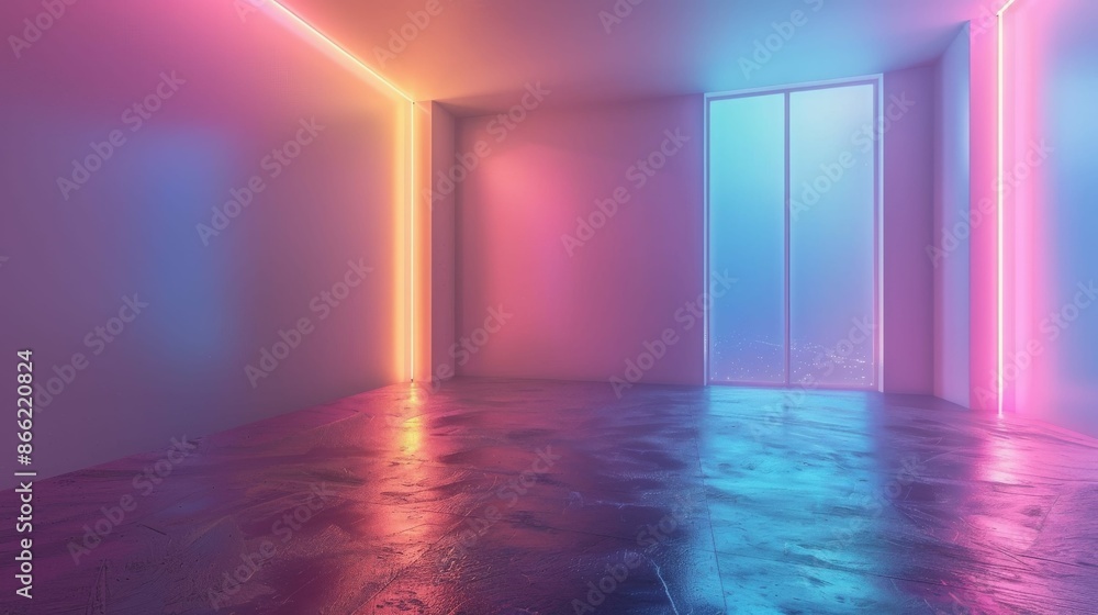 Neon lights illuminate a room with a view of a city at night. Neon lights illuminate a room with a view of a city at night.