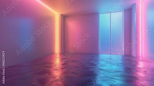 Neon lights illuminate a room with a view of a city at night.