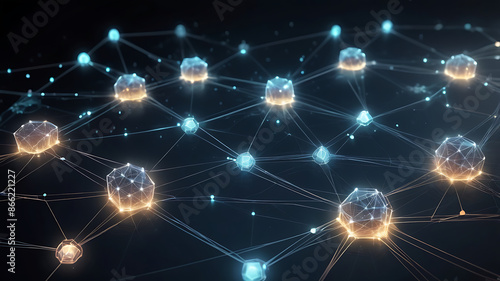 Wallpaper Mural Close-up of a digital blockchain network visualization with glowing nodes and connections, symbolizing security and decentralization in modern finance and technology.
 Torontodigital.ca