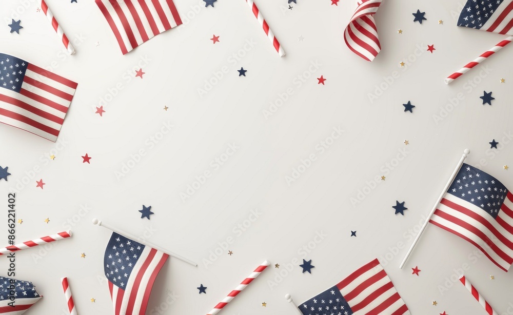 Obraz premium Patriotic American flag-themed party supplies with confetti and straws