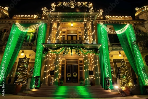 Verdant and alabaster lights splendidly adorning a magnificent building for Pakistan Day celebrations.. photo
