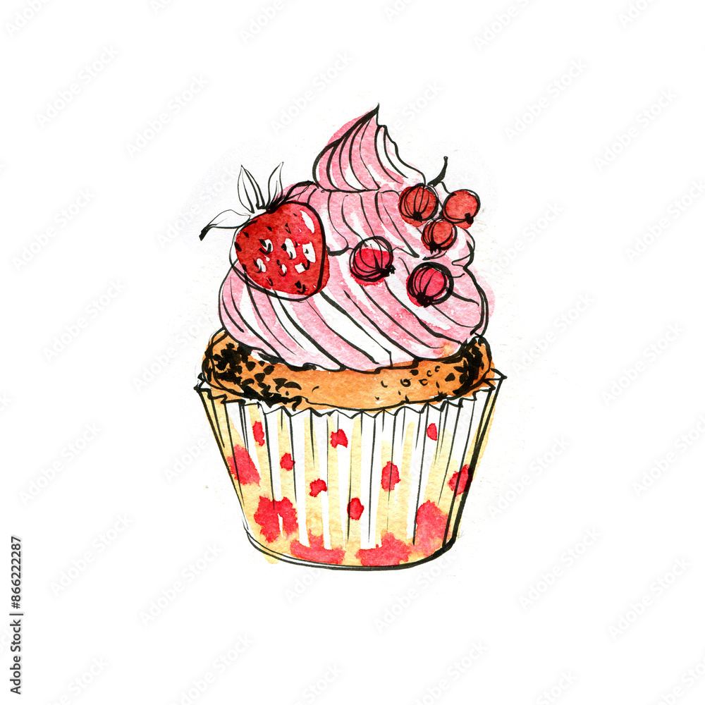 Pink cupcake with cream. Watercolor and ink illustrations of food on a white background. Pink cupcake with cream. Watercolor and ink illustrations of food on a white background.