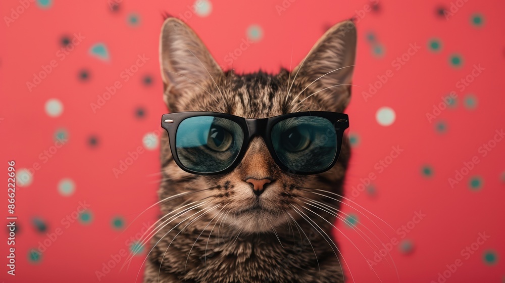 Stylish tabby cat wearing sunglasses against a vibrant red polka dot background, exuding coolness and charm. Stylish tabby cat wearing sunglasses against a vibrant red polka dot background, exuding coolness and charm.