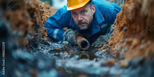 A plumber using a trenchless method to repair a sewer line under a street. photo