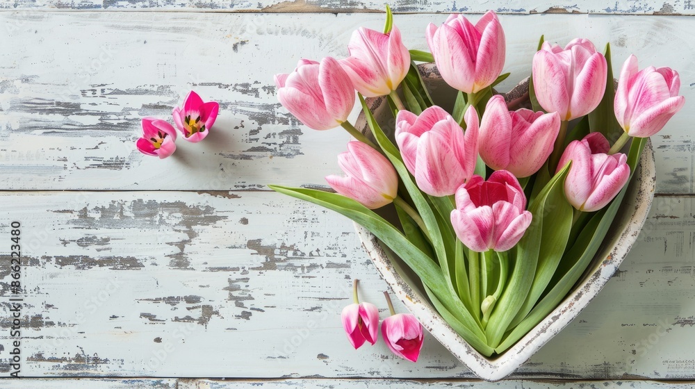 Pink tulips in heart shaped container on rustic white table Pink tulips in heart shaped container on rustic white table