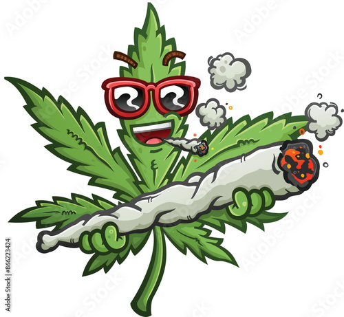 Marijuana leaf cartoon character with a cool attitude wearing red sunglasses smoking a small joint while holding a huge gigantic burning doobie