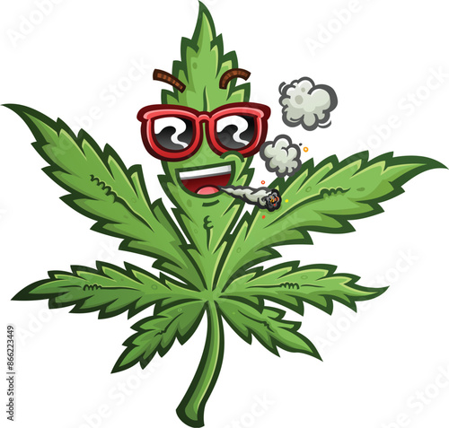 Marijuana leaf cartoon character with a cool attitude wearing red sunglasses smoking a joint