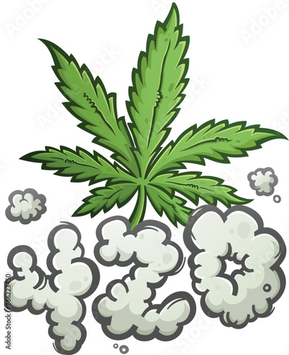 Marijuana leaf cartoon illustration behind a cloud of reefer smoke spelled in the shape of the numbers 420 to signify the weed day holiday
