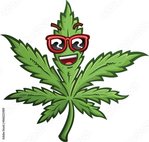 Marijuana leaf cartoon character with a cool attitude wearing red sunglasses with a smirk