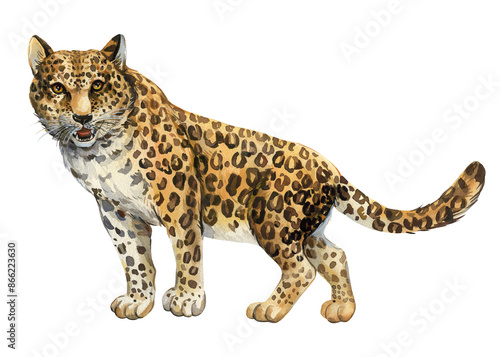 Leopard watercolor isolated on white background, realistic hand-drawn jaguar. African cute animal, Wild big cat illustration, predator. High quality illustration