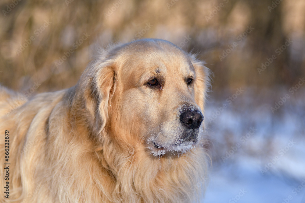Golden Retriever on a snowy, sunny afternoon. Golden Retriever on a snowy, sunny afternoon.
