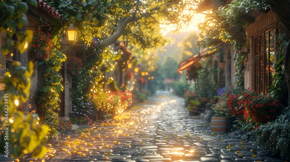 An empty street in a rural village at twilight, with the last rays of sunlight barely illuminating the scene. An empty street in a rural village at twilight, with the last rays of sunlight barely illuminating the scene.
