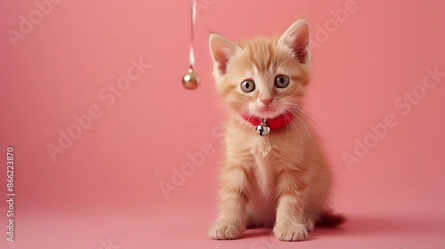 A cute orange kitten with a red collar and a bell sitting on a pink background. © Nijat