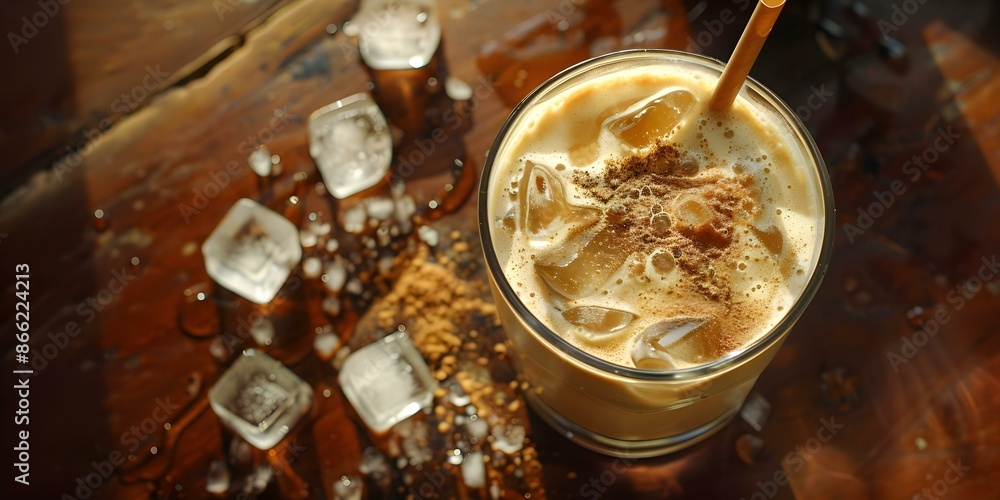 Bird's eye view of iced latte in glass with ice cubes and straw. Concept Food Photography, Beverage Shots, Iced Coffee, Refreshing Drinks, Summer Vibes Bird's eye view of iced latte in glass with ice cubes and straw. Concept Food Photography, Beverage Shots, Iced Coffee, Refreshing Drinks, Summer Vibes