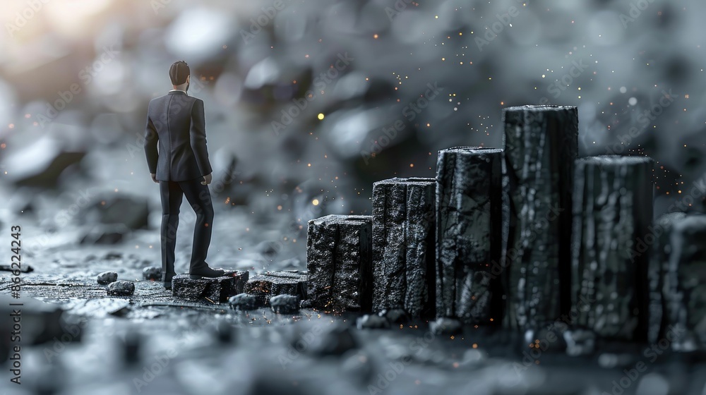 Businessman contemplating futuristic stone structures in a desolate landscape, symbolizing growth and achievement. Businessman contemplating futuristic stone structures in a desolate landscape, symbolizing growth and achievement.