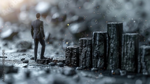 Businessman contemplating futuristic stone structures in a desolate landscape, symbolizing growth and achievement. photo