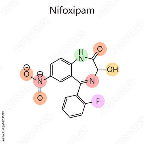 Chemical organic formula of Nifoxipam diagram hand drawn schematic vector illustration. Medical science educational illustration