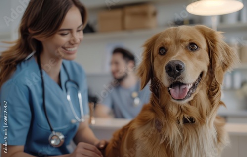 Happy golden retriever at veterinary clinic with smiling veterinarians in blue scrubs