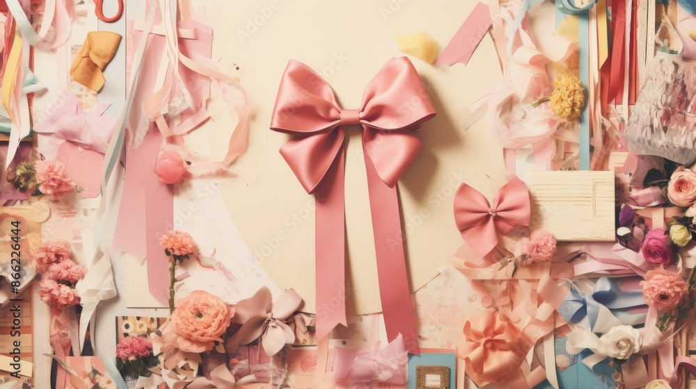 Pink Ribbon Heart. Crafting With Bows, Flowers, and Decorative Elements Pink Ribbon Heart. Crafting With Bows, Flowers, and Decorative Elements