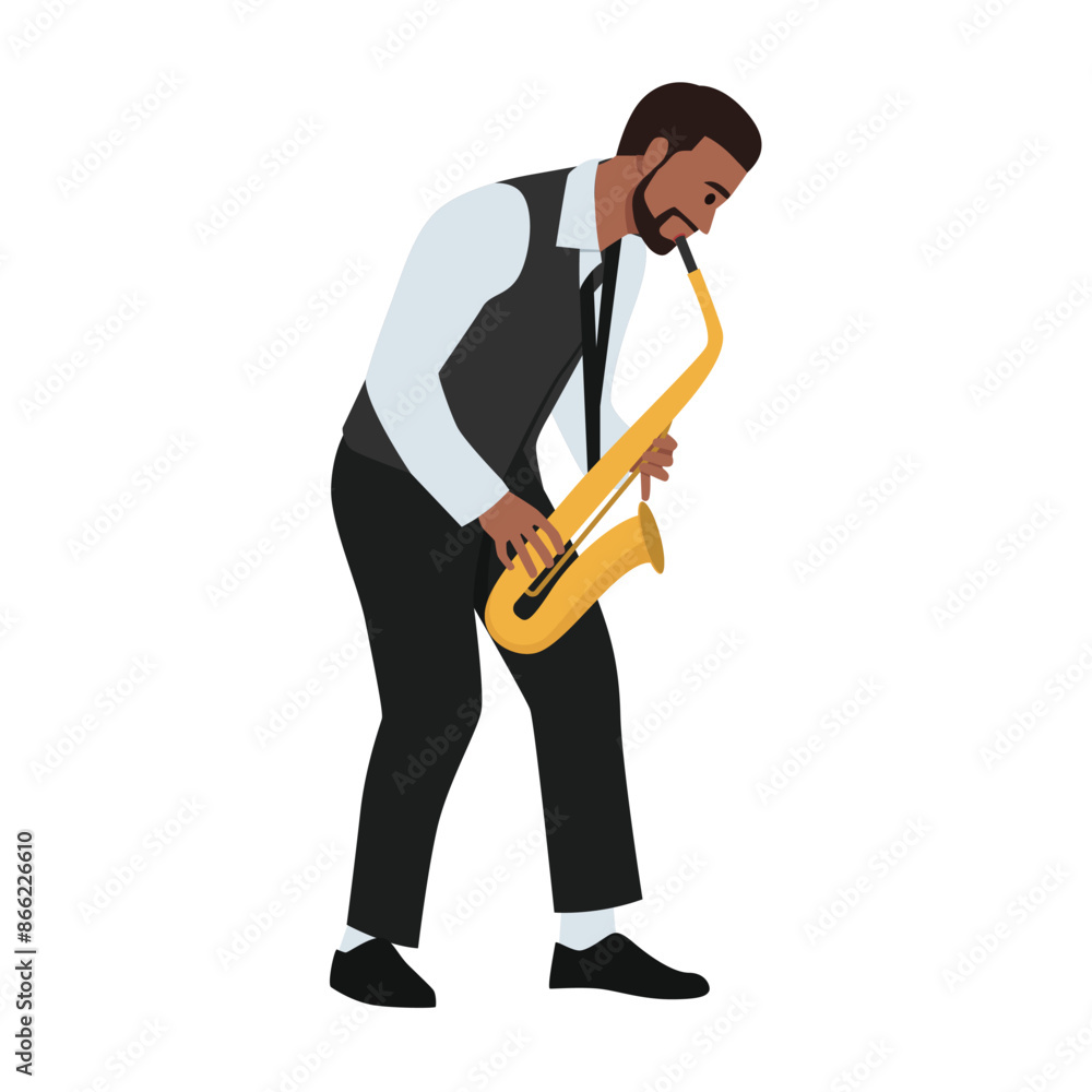 Naklejka premium Happy bearded saxophonist plays music on sax in elegant suit. Flat vector illustration isolated on white background