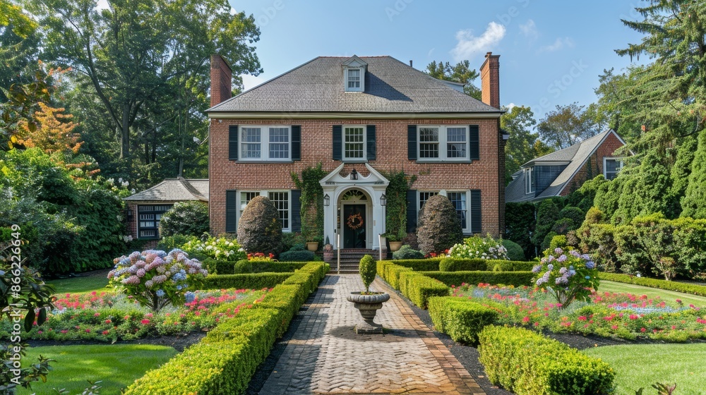 Classic colonial house with symmetrical architecture, brick exterior, and a tidy garden Classic colonial house with symmetrical architecture, brick exterior, and a tidy garden
