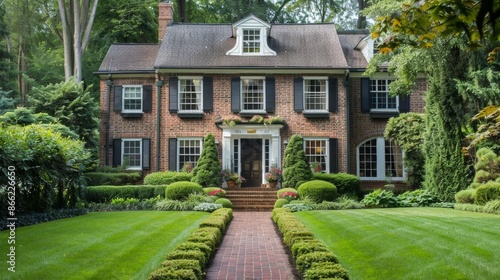 Classic colonial house with symmetrical architecture, brick exterior, and a tidy garden