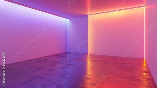 Neon lights illuminate a corner of an empty room with a concrete floor.