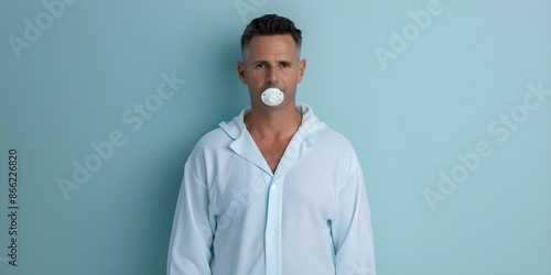 Adult man in pajamas with pacifier implying immaturity and living with parents. Concept Immature Adult, Living with Parents, Pajama Outfit, Household Props, Self-Isolation