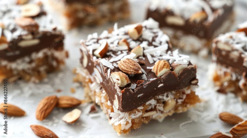 Almond joy bars with coconut, almonds, and chocolate Almond joy bars with coconut, almonds, and chocolate