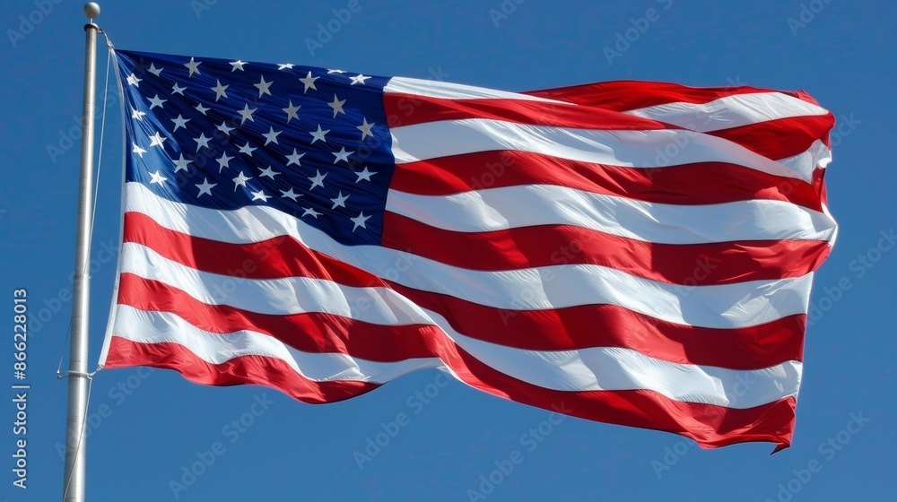 Close-up view of the American flag waving against a clear blue sky Close-up view of the American flag waving against a clear blue sky