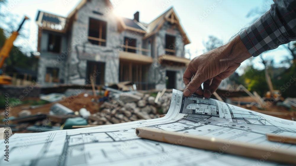 Fototapeta premium Construction worker pointing at specific sections of blueprints, with a house being built in the background