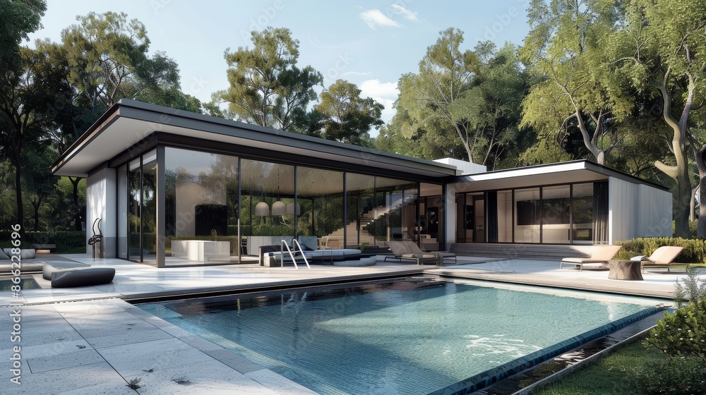 Fototapeta premium Contemporary home with sleek design, glass walls, and a beautiful pool area