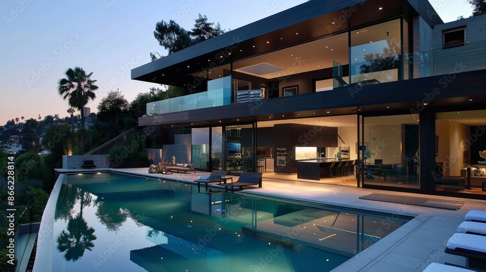 Obraz premium Contemporary home with sleek design, glass walls, and a beautiful pool area