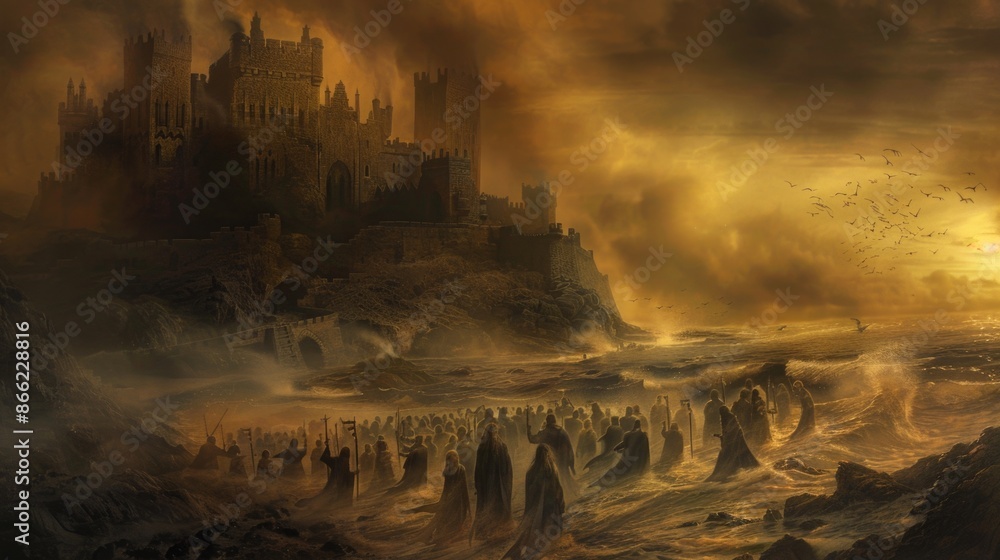 Fototapeta premium An army of the undead storms the castle on the edge of the beach