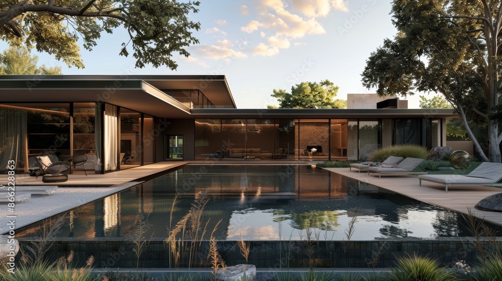Contemporary home with sleek design, glass walls, and a beautiful pool area Contemporary home with sleek design, glass walls, and a beautiful pool area