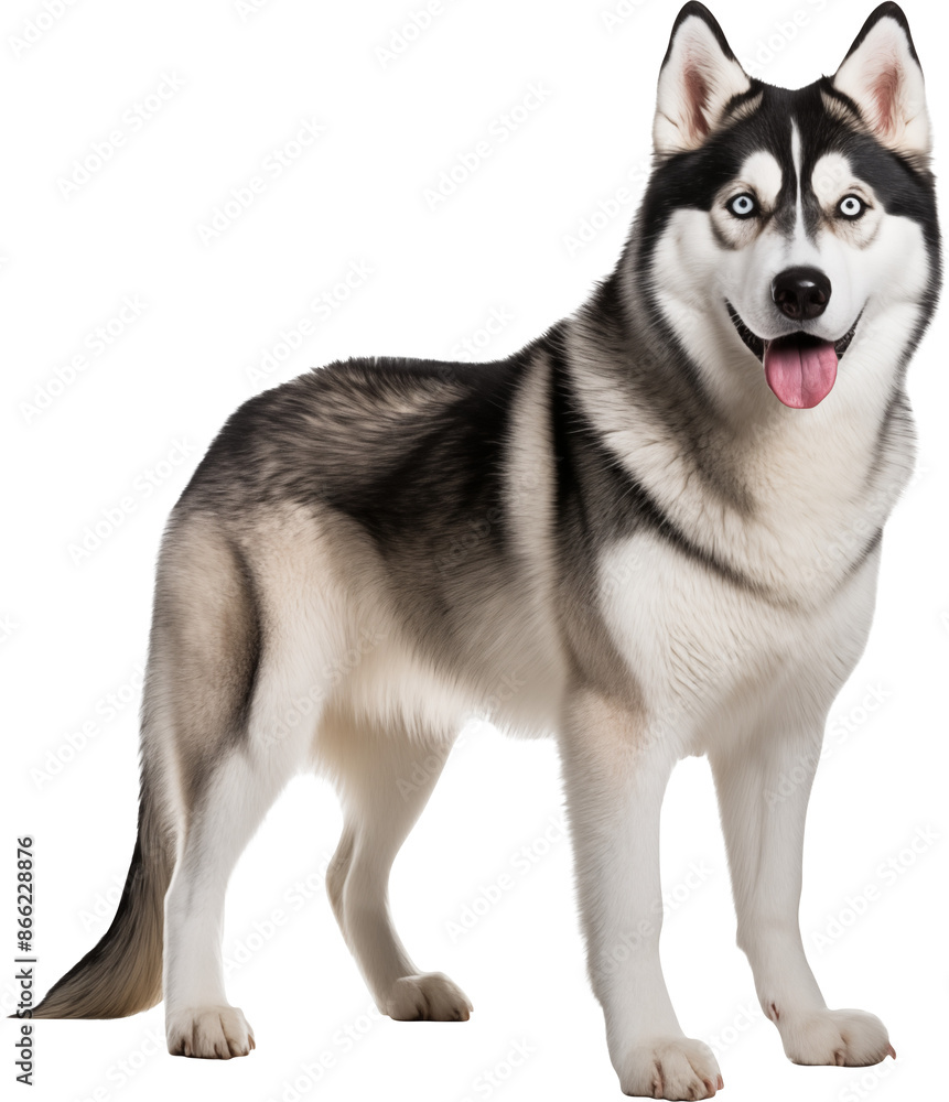 Full-Body Portrait of a Happy Siberian Husky with Blue Eyes Full-Body Portrait of a Happy Siberian Husky with Blue Eyes