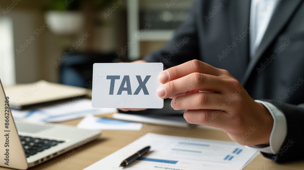 A business person in a suit holds a card labeled 'TAX' amidst a background of a laptop, pen, and stack of papers A business person in a suit holds a card labeled 'TAX' amidst a background of a laptop, pen, and stack of papers