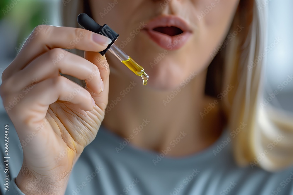 CBD oil dropper in woman hand, patient administering under tongue in cozy home setting CBD oil dropper in woman hand, patient administering under tongue in cozy home setting